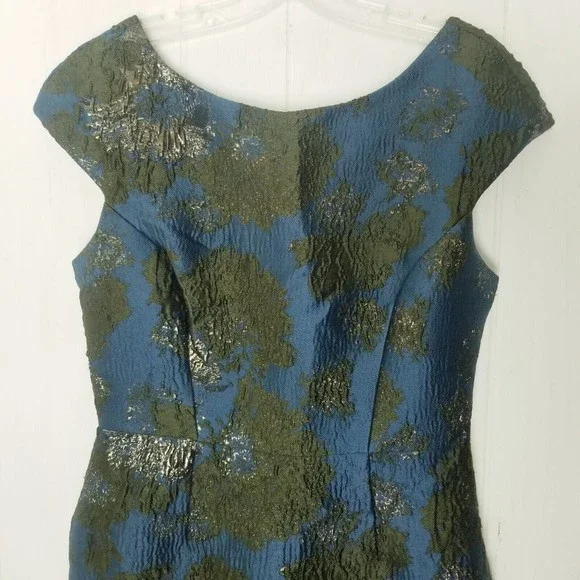 Vera Wang Brocade Dress Women Size 6 Dark Teal Green Metallic V-cut Back Lined - Picture 10 of 16
